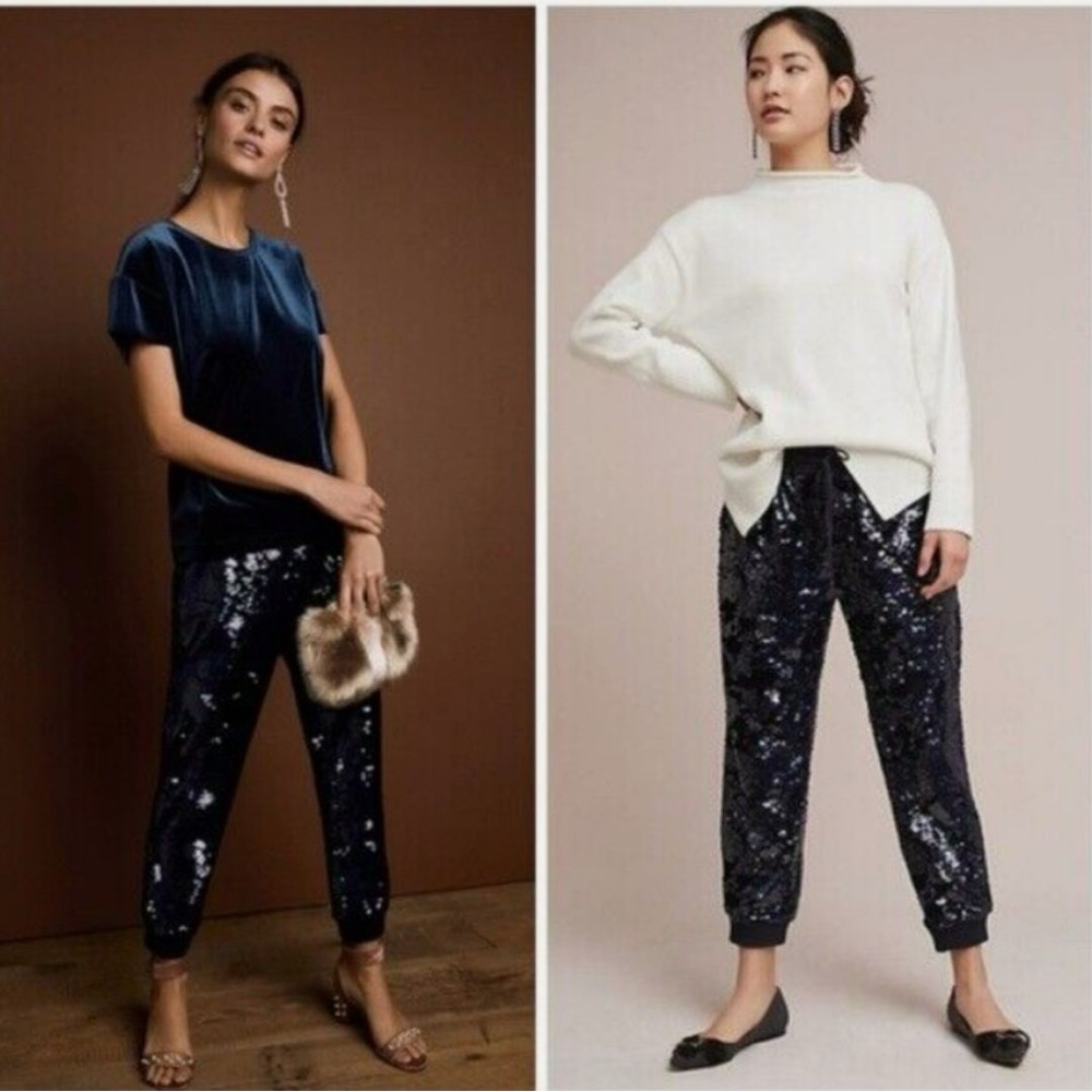 Anthropologie Navy Blue Sequins Lined Joggers